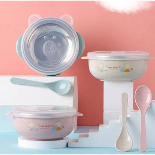 2Pcs/Set Kids Tableware Double Ears Handle Anti-scald Thermal Feeding Dish Spoon Set for Toddler Infant Dinnerware