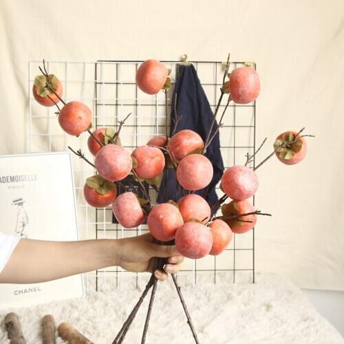 5 Heads Artificial Berries Persimmon Tree Branches Fake Fruit Chinese Style Home Flower Ornaments Wedding Decoration