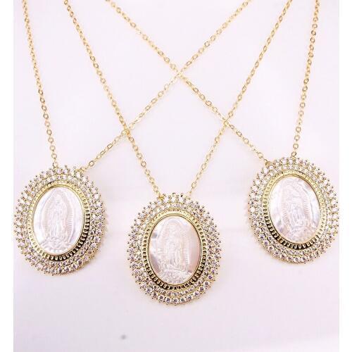 6PCS, Fashion CZ Micro Pave Colorful Zirconia Mother Of Pearl Jesus Shell Pendant Oval Shaped Gold Filled Necklaces
