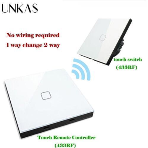 UNKAS Wireless Stick crystal glass panel Rmote Touch Switch EU Standard 1 Gang 2 Way 433mhz Remote Touch Switch