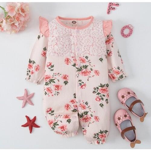 Newborn 3M Baby Romper Girl Baby Clothes Baby Bodysuit Toddler Girl Long Sleeve Print Lace Princess Romper Korean