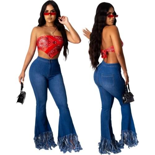 European and American womens fashion all-match Slim-fit Washed Fringe Mother Jeans Flared Pants
