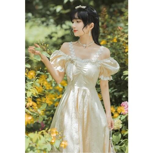 2 Colors Yellow & Apricot Cottagecore Dress For Slim Lady Vintage Puff Sleeve Slash Neck Off Shoulder Princess Dresses Vestido