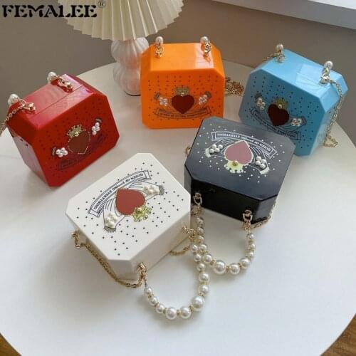 Personality Design Pearl Handle PVC Box Handbags Ins Trendy Letter Love Shoulder Armpit Purse Elegant Female Tote Chains Bolsa