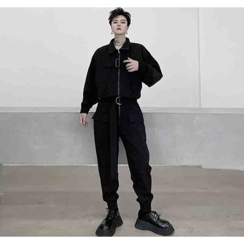 Japanese suit multi mouth handsome bag decoration fashion mens one-piece show suit workwear pure black fashion brand stage
