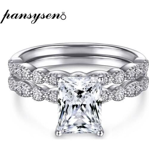 PANSYSEN 2Pcs Wedding Ring Set Fine Jewelry High Carbon Diamond Zircon 925 Sterling Silver Engagement Rings for Women Wholesale
