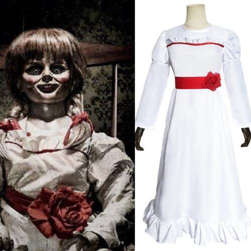 Annabelle Cosplay Costume Ghost Doll White Long Princess Dress Skirt Halloween Scary Carnival Uniforms Annabelle Wig Girls Kids