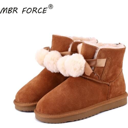 MBR FORCE Fashion able Women Warm Snow Boots Winter Boots Genuine Cowhide Leather Women Boots Ankle Boots Fur Shoes Size 34-44