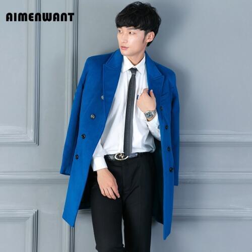 AIMENWANT Brand High Quality Lake Blue Woolen Coat Mens Causal Business Long Black Wool Trench uk Male Slim Fashion Overcoat