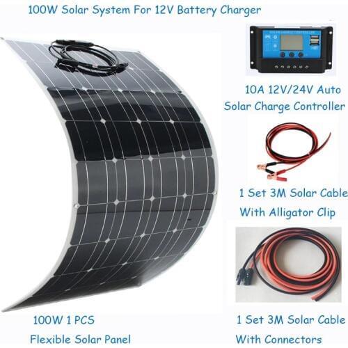 100W Solar Panel System 10A Solar Controller 3M solar cable 12V 24V Solar Battery charger for camping/home roof /car/boat