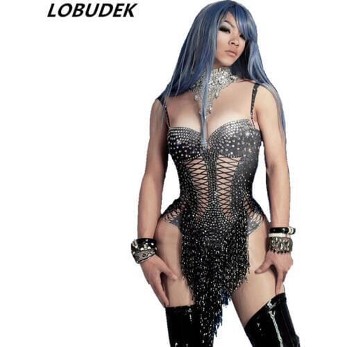 Sexy Elastic Sleeveless Crystals Tassel Bodysuit Stage Leotard Pole Dancing Costumes Nightclub DJ Singer Dancer Party Stage Wear