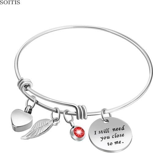 SOITIS I still need you close to me Customize Urn Jewelry Mini Heart Shape Pendant Birthstone Decoration Angel Wing Ash Bracelet