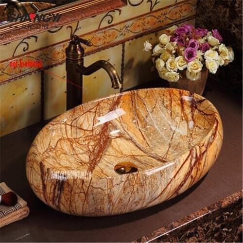 SY-50381S High Temperature Firing Oval Ceramic Sink Hand Washing Sink Creative Stone Grain Series Above Counter Basin Bowl