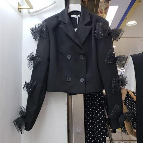 Cropped Blazer Women 2021 Autumn Coat New Three-Dimensional Bow Rhinestone Decorative Long Sleeve Small Short Coats Black