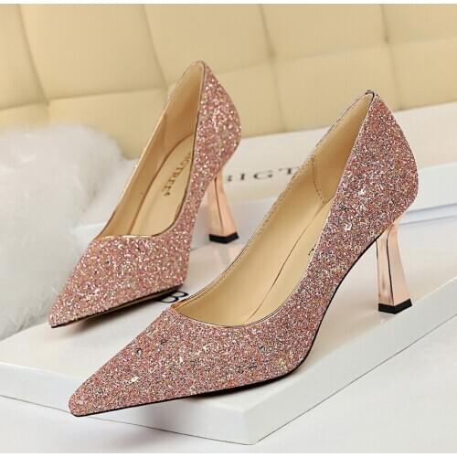 European American Style Fashion Sexy Shining Sequined High Heels Shallow Mouth Pointed High Heels Womens Shoes Wedding Shoes