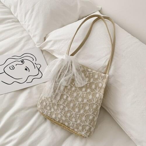 Ladies Lace Flowers Sweet Design Drawstring Straw Beach Bag Shoulder Bucket Bag