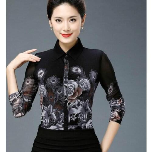 Spring Fall Casual Womens Printed Floral Pattern Painted Full Sleeve Black Mensh Blouse Shirt , Female Woman 4XL Blouses Shirts