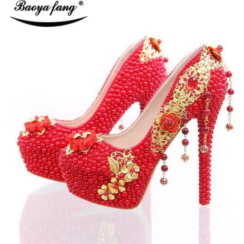 BaoYaFang New arrival Luxury red pearl beads heel shoes womens wedding shoes Bride high heels party shoes Gold tassels Pumps