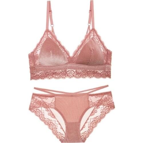 Womens French Underwear Womens Thin No Steel Ring Small Bra Sexy Hollow Velvet Triangle Cup Bra Set Bralette Lingerie Set