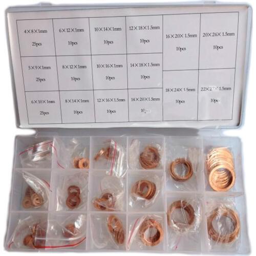 220pcs 16 Sizes Metric Copper Flat Ring Washer Gaskets Assortment Set Kit