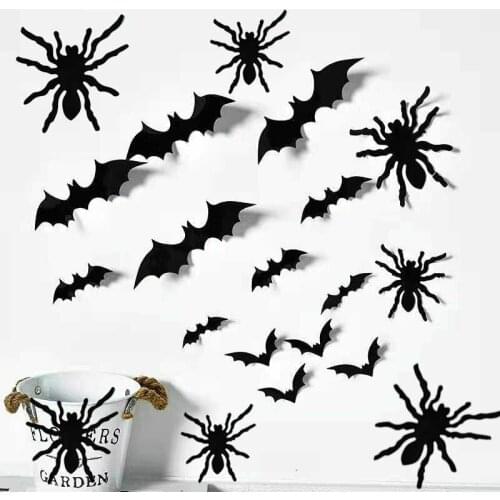 24pcs 3D Black Spider Bat Halloween Wall Stickers Home Party Shop Halloween Party Decorations DIY Sticker