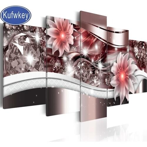 Diamond painting 5 Panels gorgeous Elegant pink flower diamond embroidery mosaic square round drill picture Amazing gift