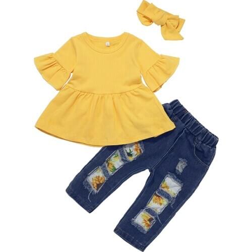 Baby Girl Set Suit 3-piece 2021 New Summer Spring Solid Short-sleeve Dress and Jeans Headband Sets for Baby Girls Clothes