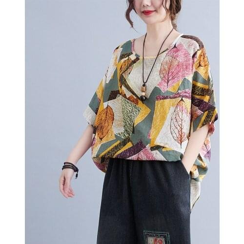 Print Leaf Loose Summer T Shirts Thin Soft Cotton Fashion Womens Tops Casual T Shirt Plus Size Vintage T-shirt Tees Shirts