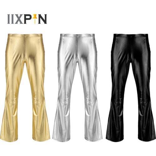 IIXPIN Men Shiny Metallic Disco Pants Bell Bottom Flared Long Pants Dude Costume Trousers Mens Flare Pants Flared Bell Pants