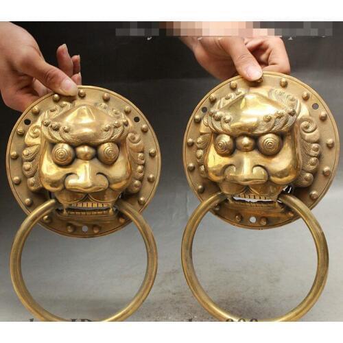 Chinese FengShui Brass Foo Fu Dog Guardion Lion Head Statue Door Knocker Pair