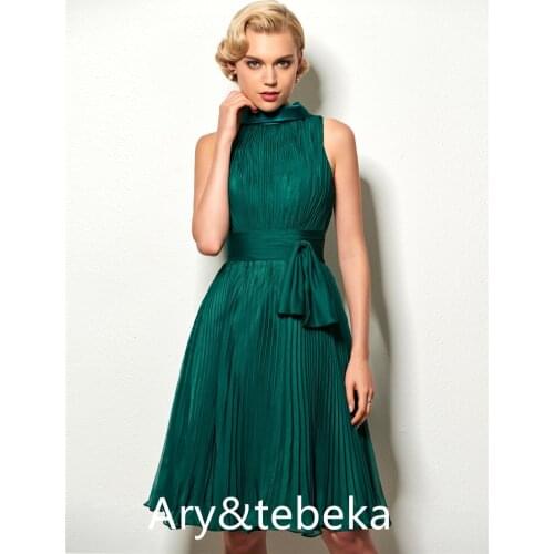 A-Line Sleeveless High Neck Zipper-Up Sashes Ruched Knee-Lenth Cocktail Dress 2021