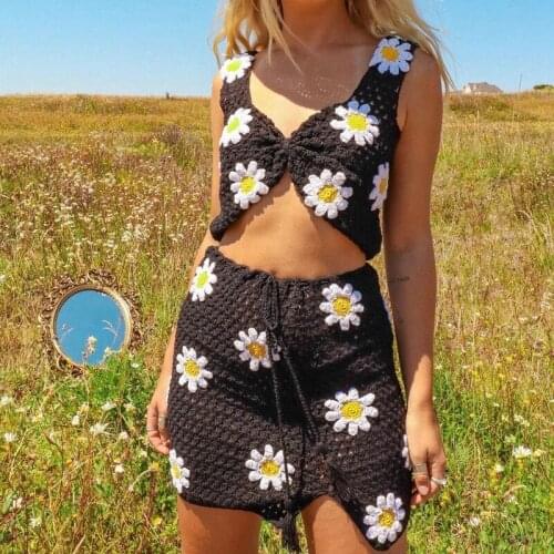 CHRONSTYLE Summer Knitted Suit Floral Crochet Camis Crop Tops High Waist Split Skirts Beachwear Y2K Two Piece Set Women Outfits