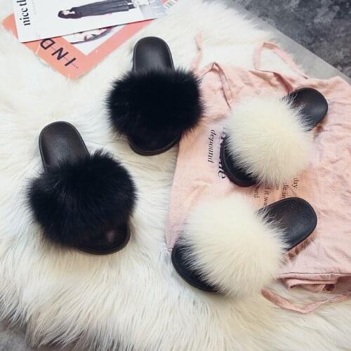 Fur Slippers, Female Real Fox Fur, Fluffy, Cute, Plush, Ladies Flip Flops, Luxurious, Charming, Homely Comfortable, Flat Sandals