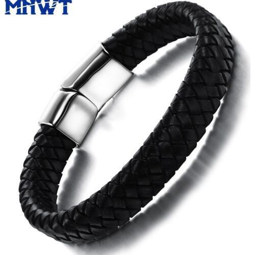 MNWT New Fashion Men Bracelets Black Vintage Leather Stainless Steel Man Wristband Casual Jewelry Bracelet Pulseras Hombre