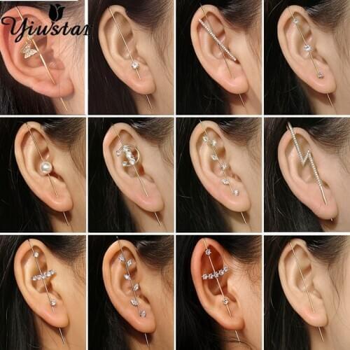 Yiustar 2021 Trendy Long Needle Piercing Earrings for Women Surround Auricle Diagonal Stud Copper Inlaid Zircon Crystal Earrings