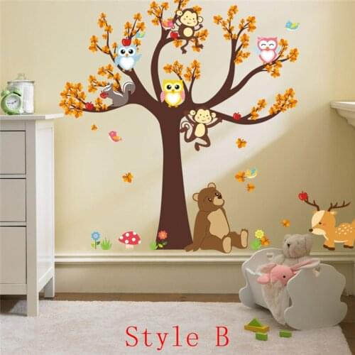 Cartoon Animal Bear Monkey Owls Tree Wall Stickers For Kids Room Home Decorations Pvc Decal Autumn Scenery Wall Mural Art Poster