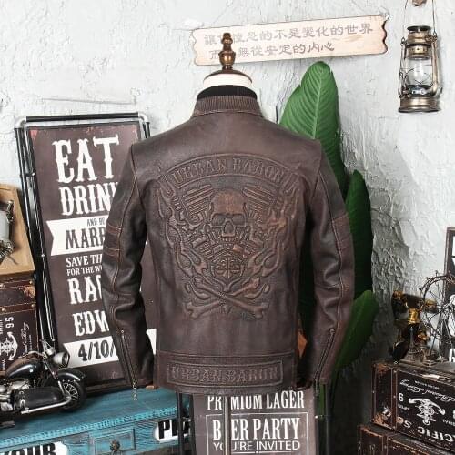 2021 Vintage Brown Motorcycle Style Skulls Leather Jacket Men Plus Size 4XL Genuine Natural COwhide Autumn Slim Fit Coat