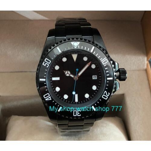 43mm PARNIS black dial Black ceramic Bezel Automatic Self-Wind movement Men Watch luminous Mechanical watches pvd case PA46-8
