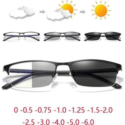 TR90 Semi-Rimless Square Myopia Photochromic Eyeglasses Men Myopic Prescription Glasses For The Nearsighted 0 -0.5 -0.75 To -6.0