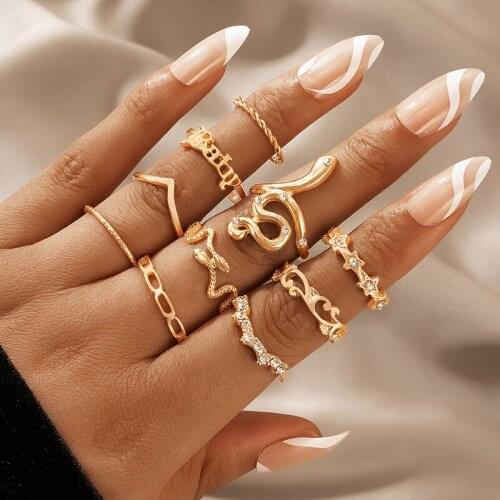 Tocona 10pcs/sets Bohemian Snake Gold Ring Sets for Women New Trendy Letter Star Clear Crystal Stone Wedding Ring Jewelry 19637