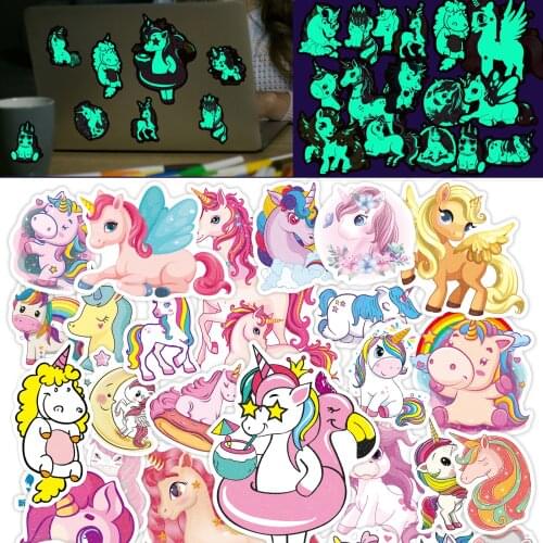 30pcs Luminous Unicorn Stickers Glow in The Dark Cute Waterproof Animal Sticker for Laptop Water Bottle Scrapbook Party Supplies