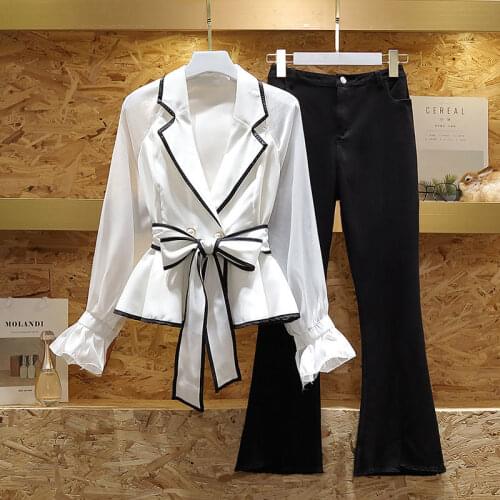 New large size womens girls fall suit womens waist suit collar jacket casual bell pants two-piece suit