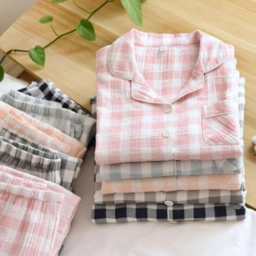 Pure Cotton Plaid Pajamas Set Women Pyjama Print Female Spring Sleepwear Warm Sexy Homewear Long Shirt Pants 2 Piece/Set