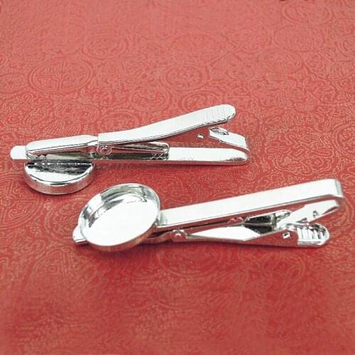 Silver Plated Tie Clip Pin Clasps Mens Tie Bar with Round Deep Wall Bezel Cameo Bases Blanks Findings DIY Clothes Accessories