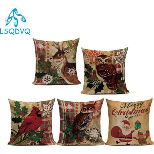 Merry Christmas Santa Claus Cartoon Animals Deer Owl Throw Pillows Case Sofa Seat Cushion Cover For Living Room Decoration