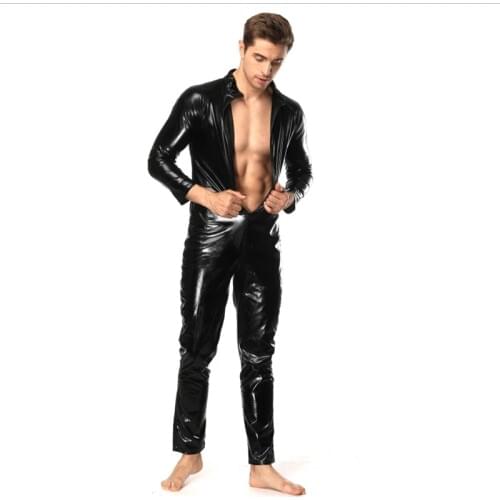 S-5XL Size Shapers Men Long Sleeve Patent Leather Open Crotch Bodysuit Cosplay Jumpsuit Faux Latex PVC Catsuit Shiny Shapwear