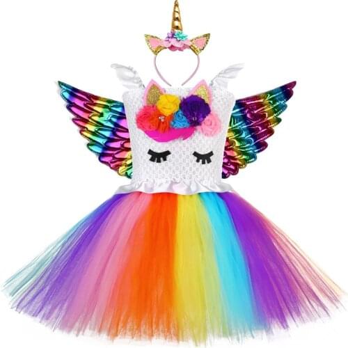 Kids Unicorn Party Dress for Girls Pastel Lol Girl Costume Knee Length Flower Pony Pattern Unicorn Toddler Dress with Angel Wing
