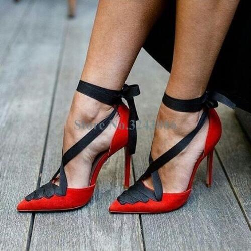Red Suede Black Ribbon Thin High Heel Shoes Pointed Toe Cross Strap Toe Shoe Elegant Nubuck Lace Up Stiletto Heel Dress Shoes