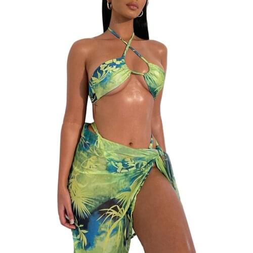 Womens Sexy Vest and Skirt Suit Fashion Printing Halter Tops and Bandage Short Skirt with Thong