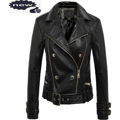 Spring New Women Slim Fit Short Sheepskin Natural Jacket Punk Adjustable Belted Moto High Quality Leather Coat Windproof
